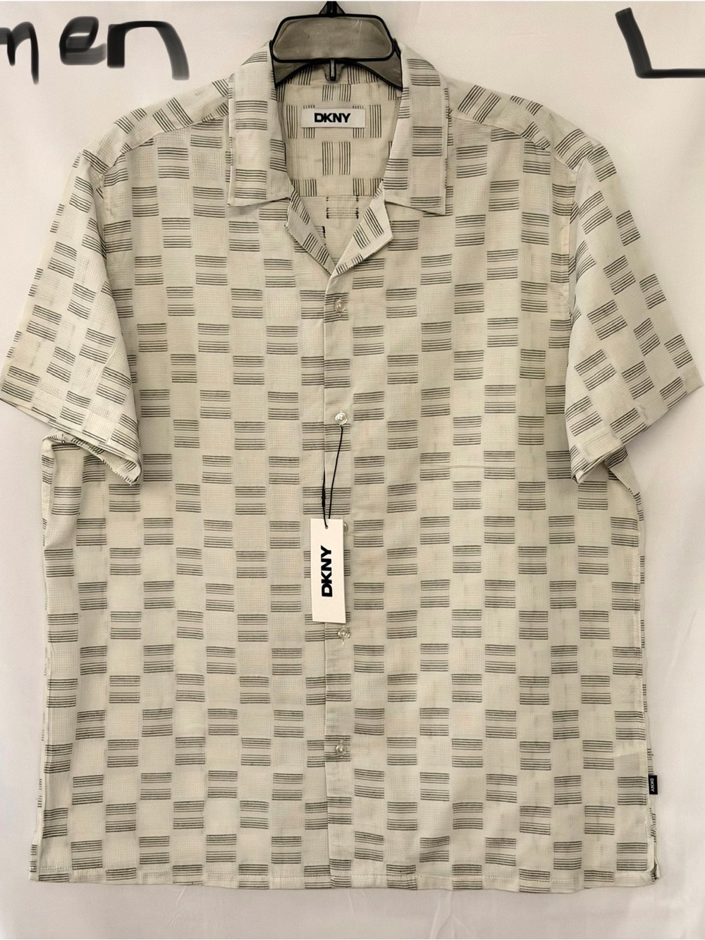 DKNY Men’s Short Sleeve Button-Down Shirt in White and Gray Geometric Block